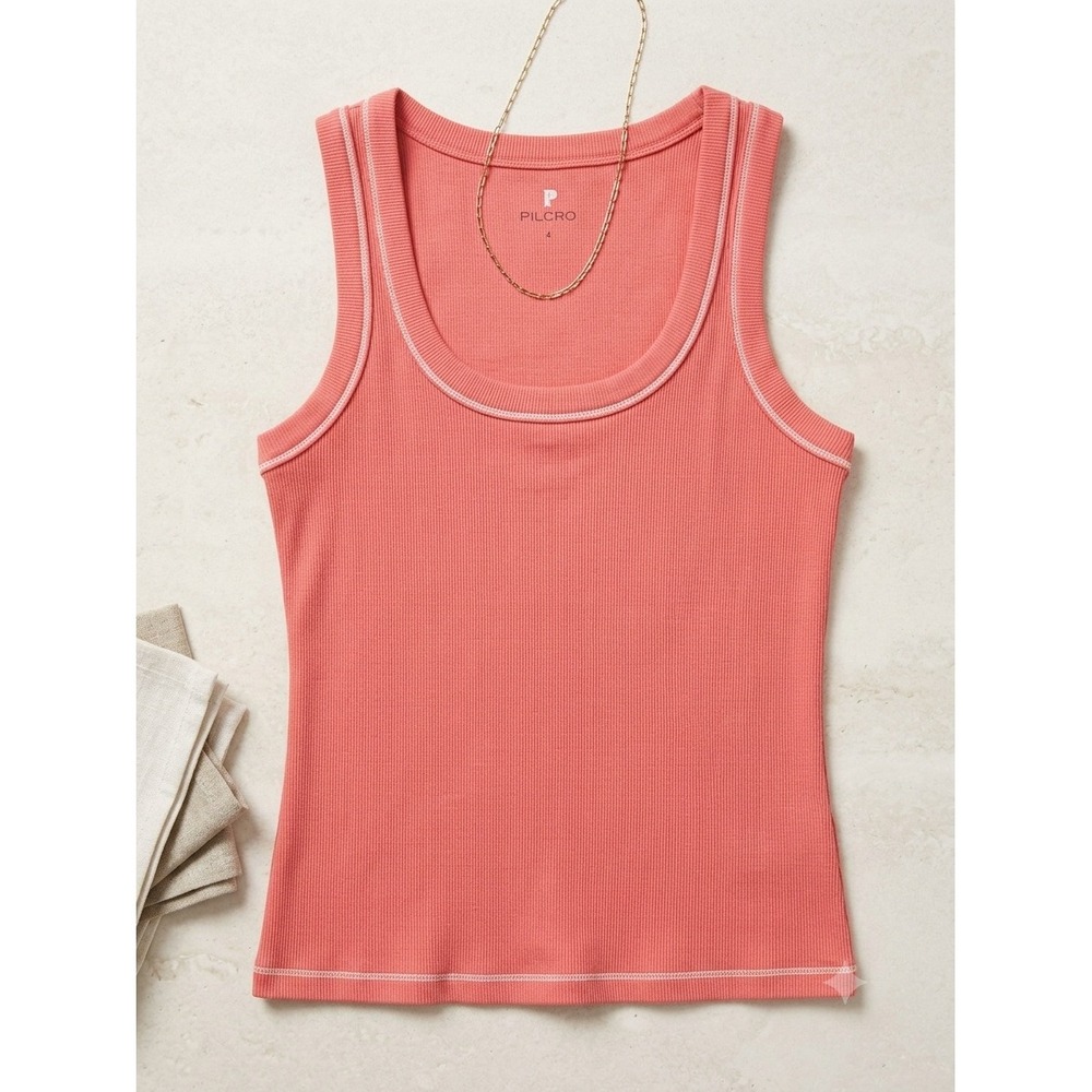 Pilcro and the Letterpress Ribbed Tank Top Coral Pink Contrast Stitch Small